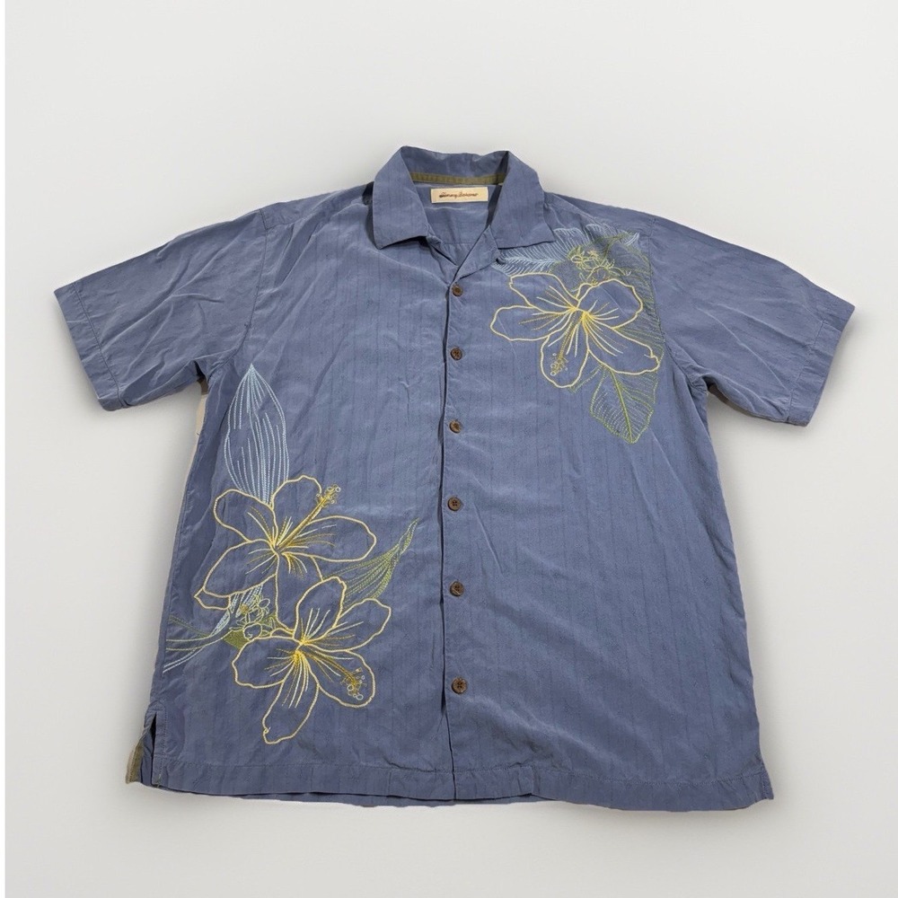 Tommy Bahama Men's M Blue Silk Embroidered‎ Floral Camp Shirt Beach Resort Vacay